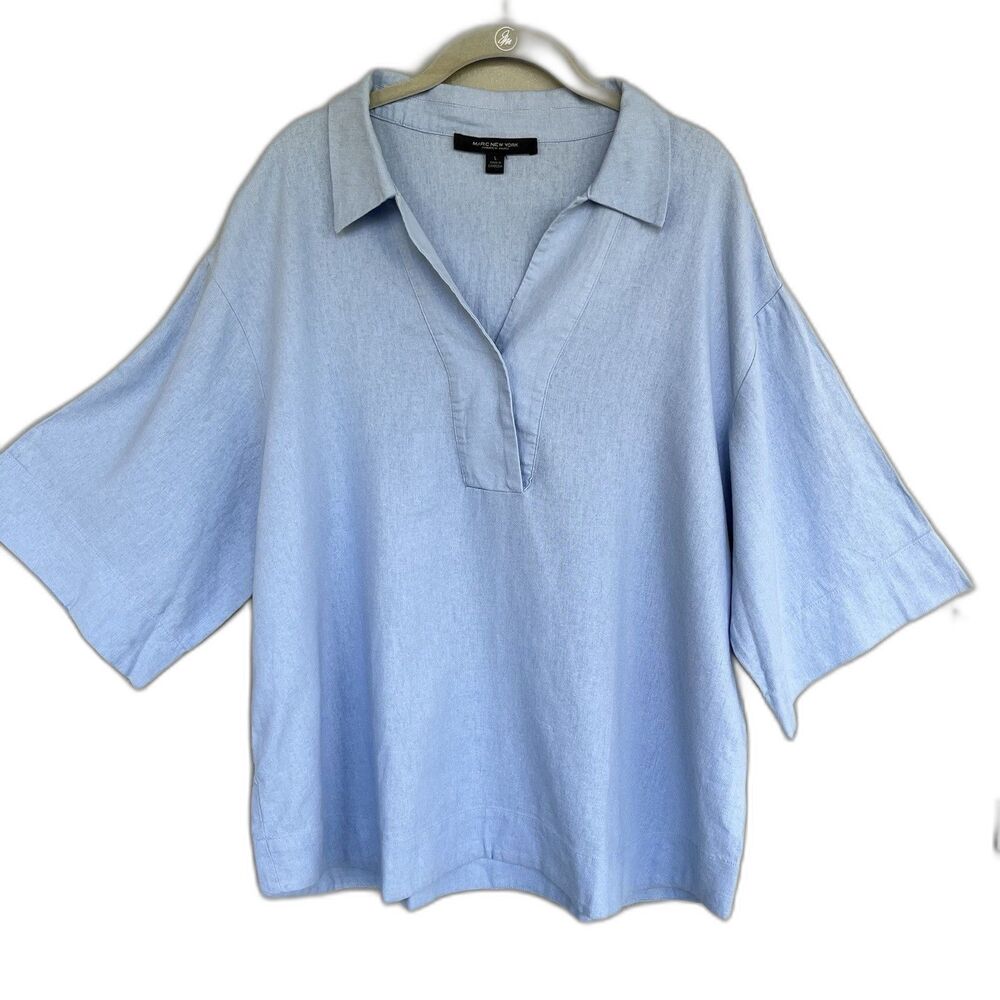 Marc New York Popover Blouse Womens L Blue Linen Blend Collar 3/4 Sleeve Coastal